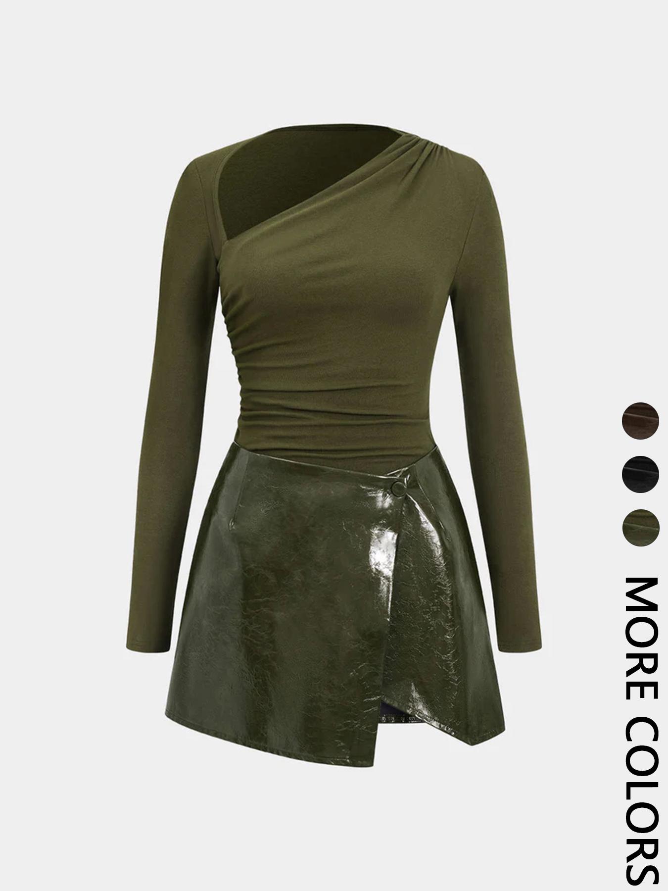 Women's Leather Patchwork Casual Knit Long Sleeve Dress, Fitted Style, Moderate Fabric Thickness, All Seasons Wear