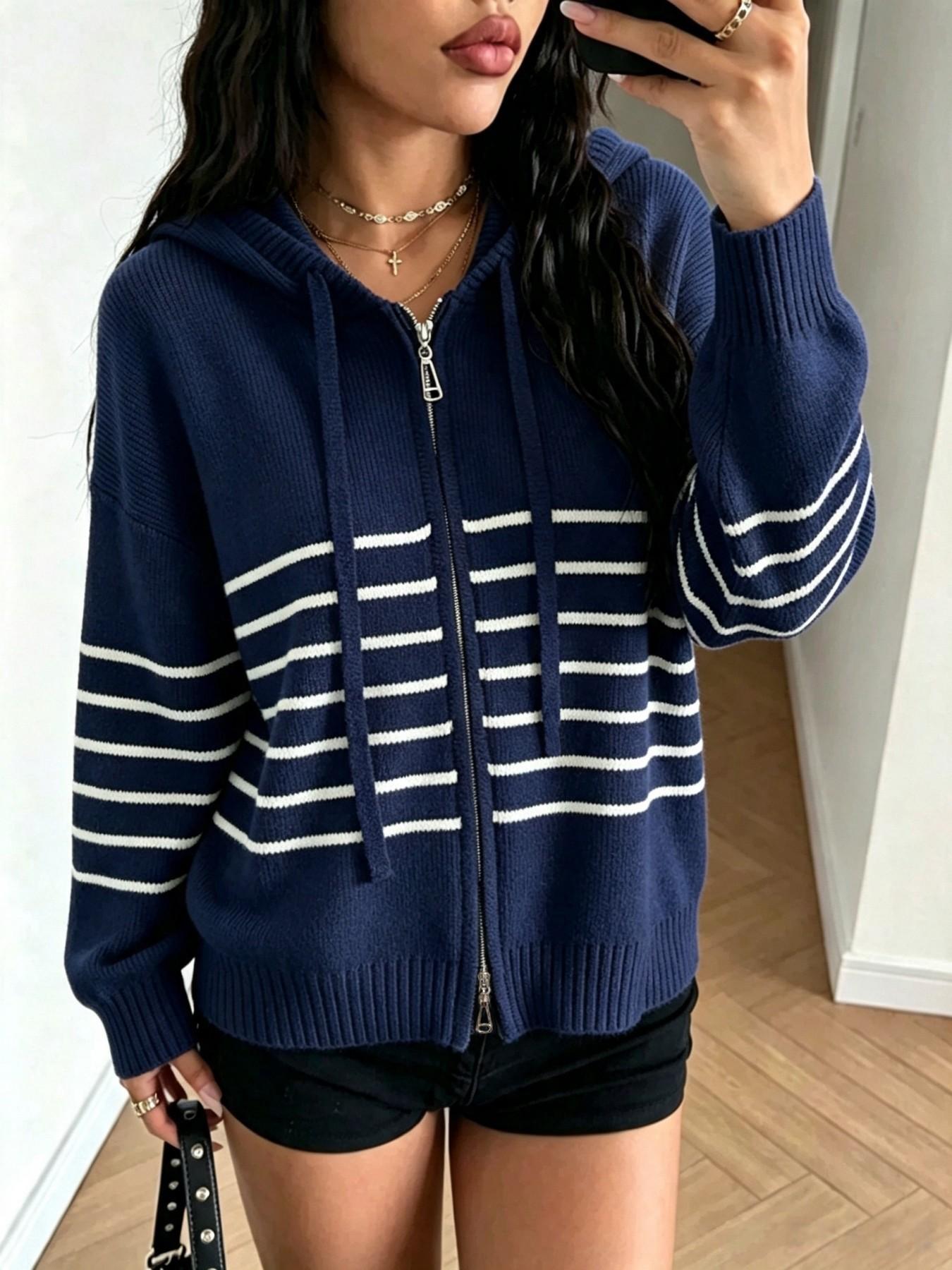 Autumn Winter Color-Block Striped Preppy Style Hooded Casual Loose Sweater Cardigan, Reversible Zipper Design, Women's Fashion Outerwear