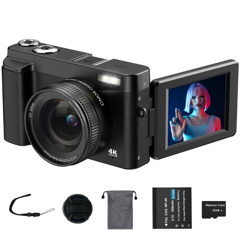 DC101 Digital Camera, 4K Video Recording & 48MP Auto Focus Camera, 180 Degree Flippable Display Camera, 16X Magnification Digital Camera with 32G Memory Card, Ideal Gift for Photography Beginners