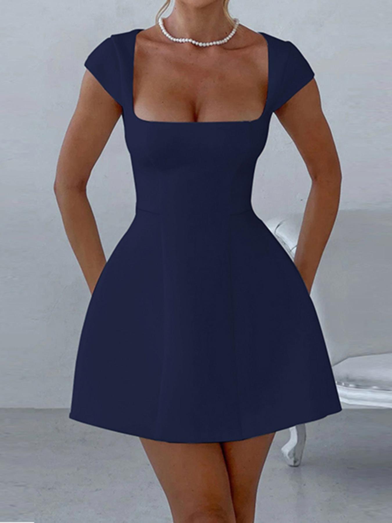 Women's Plain Square Neck A Line Dress, Formal Wear, Elegant Cap Sleeve Short Dress for Party Holiday Wedding Guest, Ladies Fall Clothes