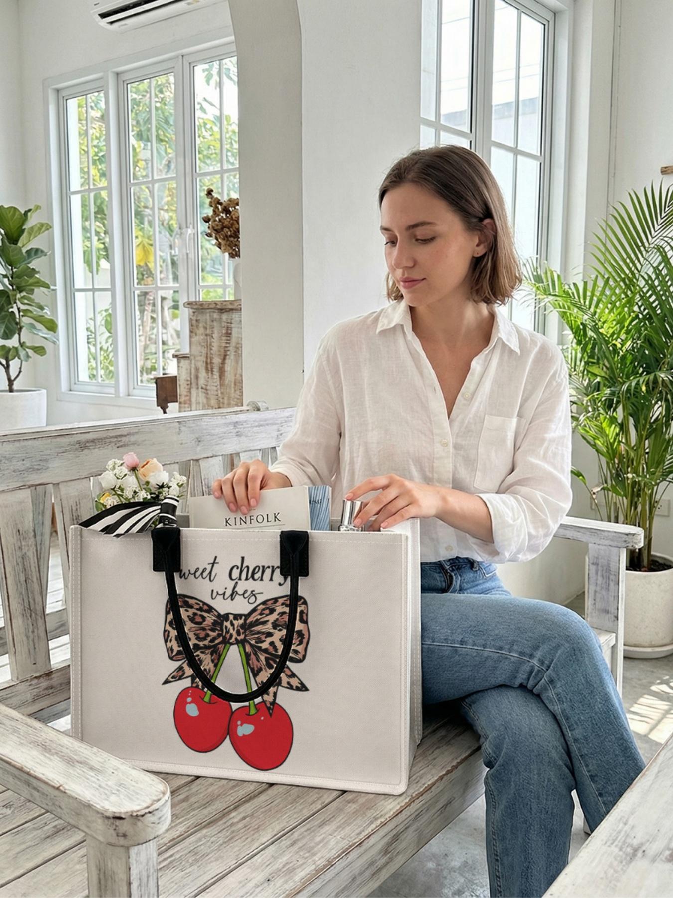 1 piece of cherry and leopard print bow + Sweet Cherry Vibes 2D printed large capacity storage bag, extra large storage bag, sturdy handle, space-saving multi-purpose, suitable for use at school, on business trips, and shopping