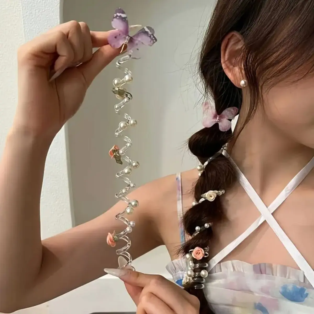Women's Rose Butterfly Hair Ties, Fairy Style Elastic Ponytail Holders With Phone Cord Design, Forest Inspired Hair Accessories For Bubble Braids, Updos, Daily Styling And Fashion Looks