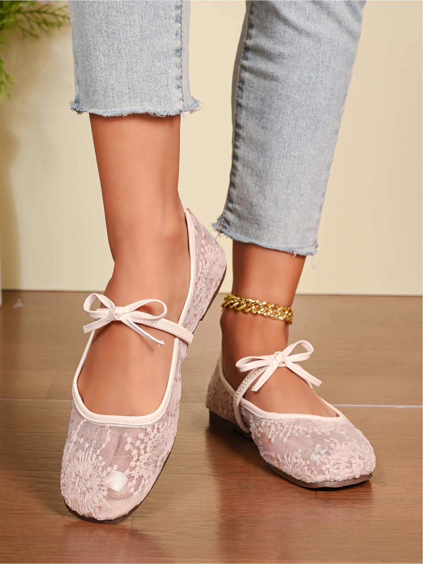 Women's Lace Mesh Mary Jane Flats, Bowknot Ballerina Shoes for Summer, Classic Ballet Flats, Casual Flat Footwear