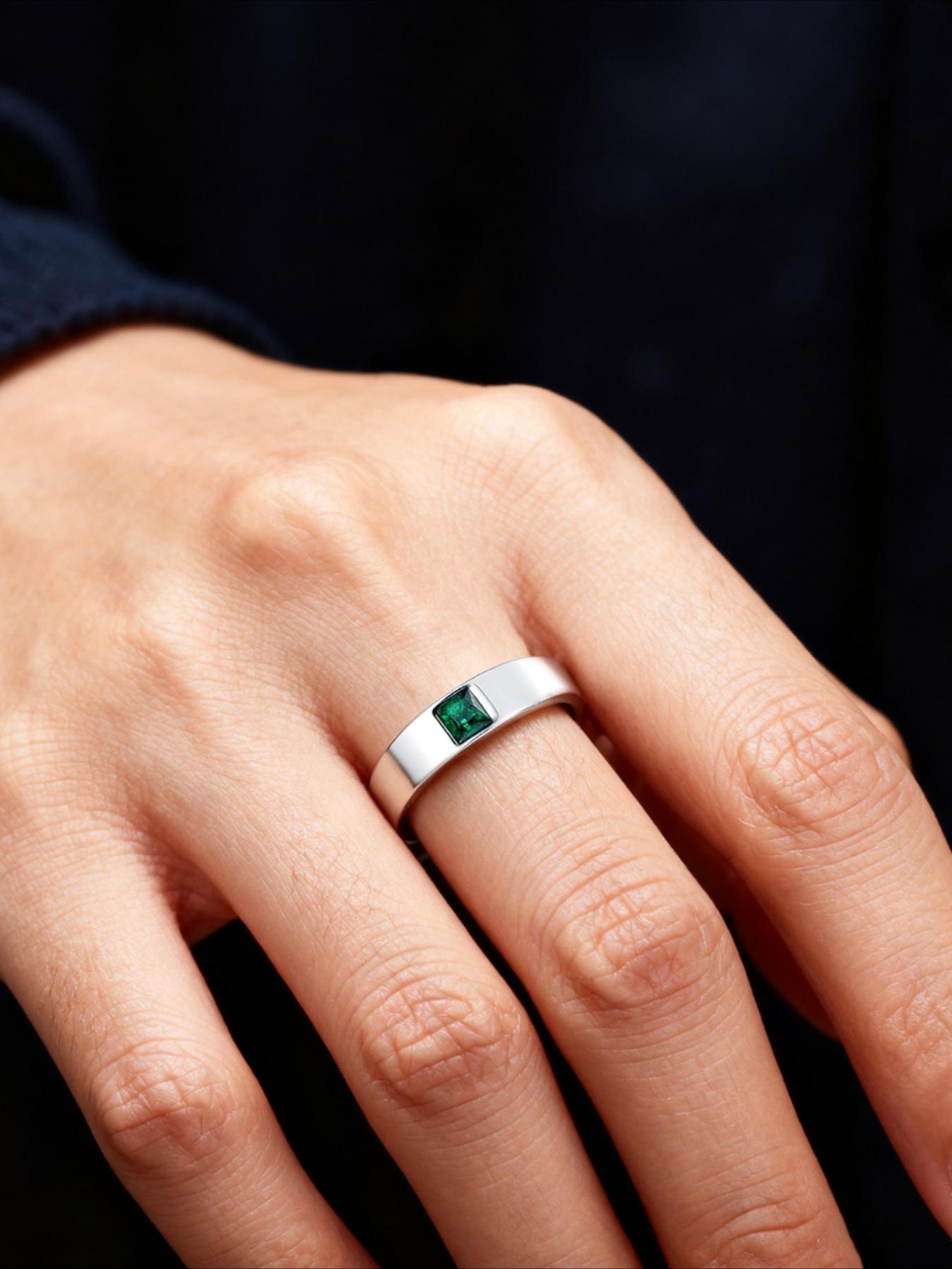 Light Luxury Stainless Steel Green Zircon Couple Ring Minimalist Flat Plain Ring Stainless Steel Non Fading Couple Anniversary Gift