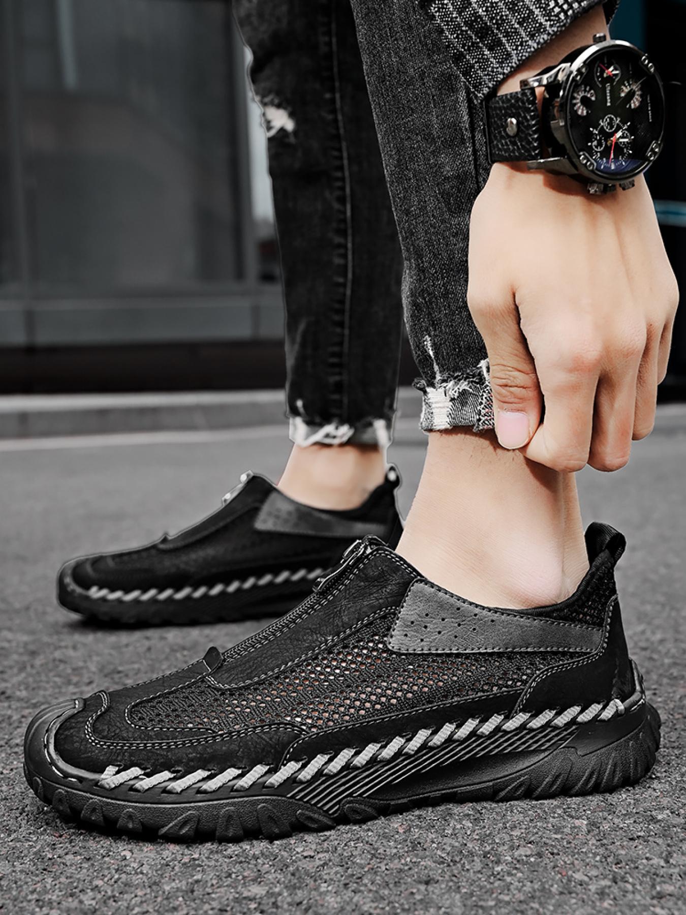 Men's Solid Color Mesh Zipper Toe Casual Shoes, Soft Sole, Non-Slip, Hand-Stitched, Breathable Slip-On Lazy Dad Shoes