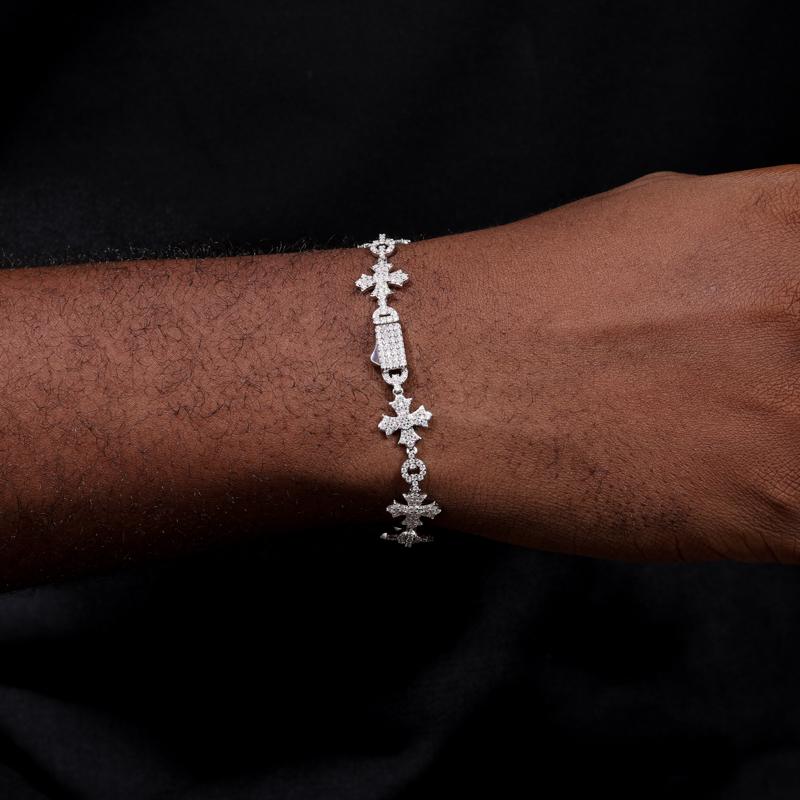 【#B187】 Shiny Synthetic Moissanite Chain Bracelet Cross Delicate Bracelet 925 Sterling Silver Men's Hip Hop Rap Party Trend