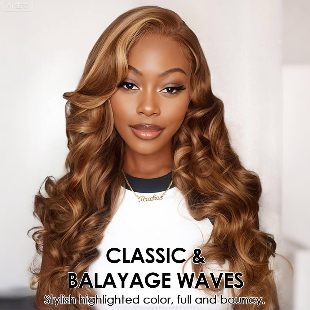Pizazz Hair 220% Density 13x6 Highlight Body Wave Full Lace Front Wigs Human Hair Pre Plucked 4/27 Honey Blonde HD Transparent Lace Front Wig Human Hair Pre Bleached Wig For Women