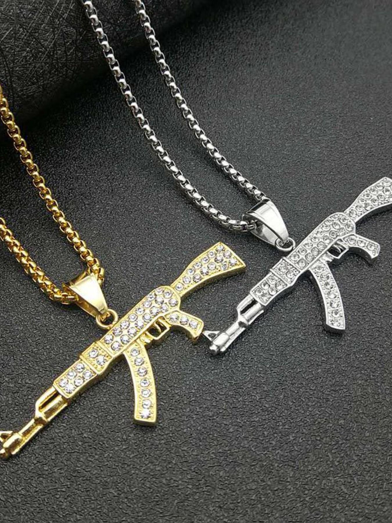 Trendy Hip Hop Jewelry, Titanium Steel Gold Plated Rhinestone Ak47 Pendant Necklace, Stylish Accessory for Men and Women