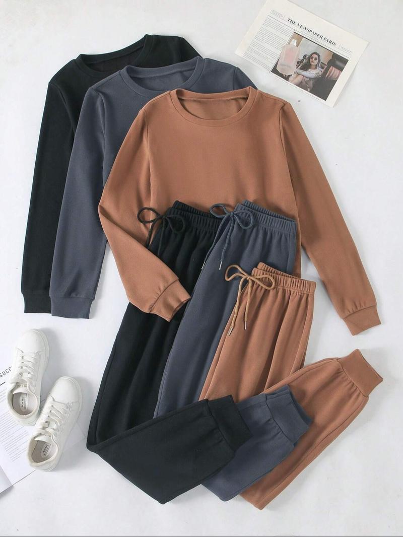 Women's Solid Color Long Sleeve Tee & Tie Front Elastic Waist Pants Loungewear Set, Casual Comfy Round Neck Top & Trousers PJ Set, Ladies Sleepwear for Spring & Fall