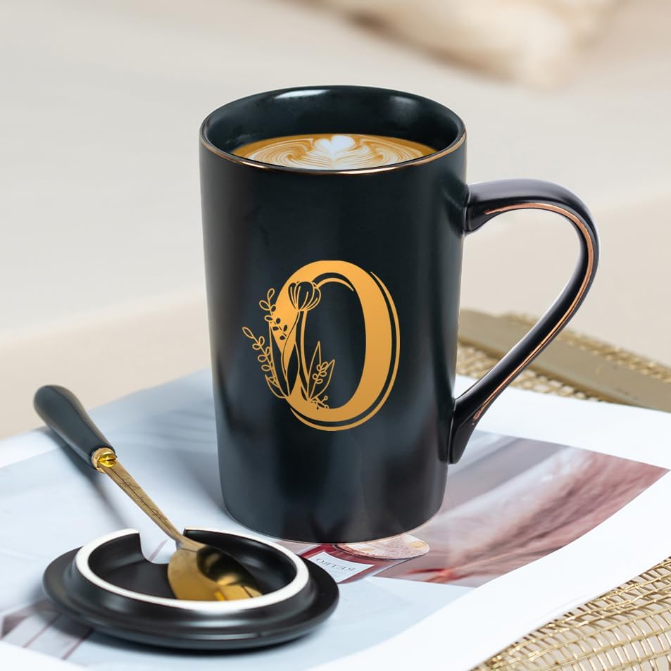 Letter O Personalized Initial Mugs with Flower, Letter O Personalized Coffee Mug, Customized Cool Letters Mugs for Women, Bridal Shower Gifts, Women's Initials Gifts Mug 14 OZ Matte Black