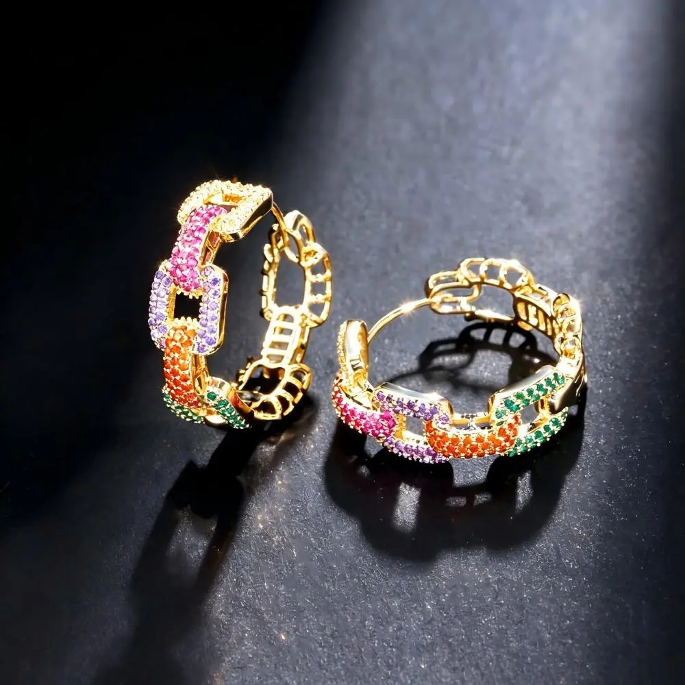 Chain Link Hoop Earrings for Women, Colorful Pave Stone Chunky Chain Hoop Earrings, Trendy Hip Hop Statement Earrings, Fashion Jewelry for Party Club Daily Dating Gift for Her