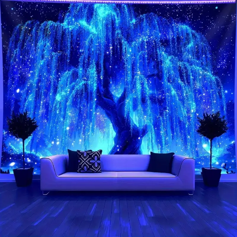 UV-reactive Tree of Life tapestry.Glows with fluorescent night sky under blacklight.Wrinkle-resistant polyester, easy installation.Perfect for bedrooms, parties, or events like graduations.High-quality print, ideal for gifts.