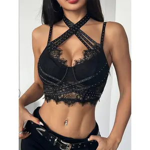 Sexy Lace Backless See-Through Hanging Neck with Diamond Corset Top