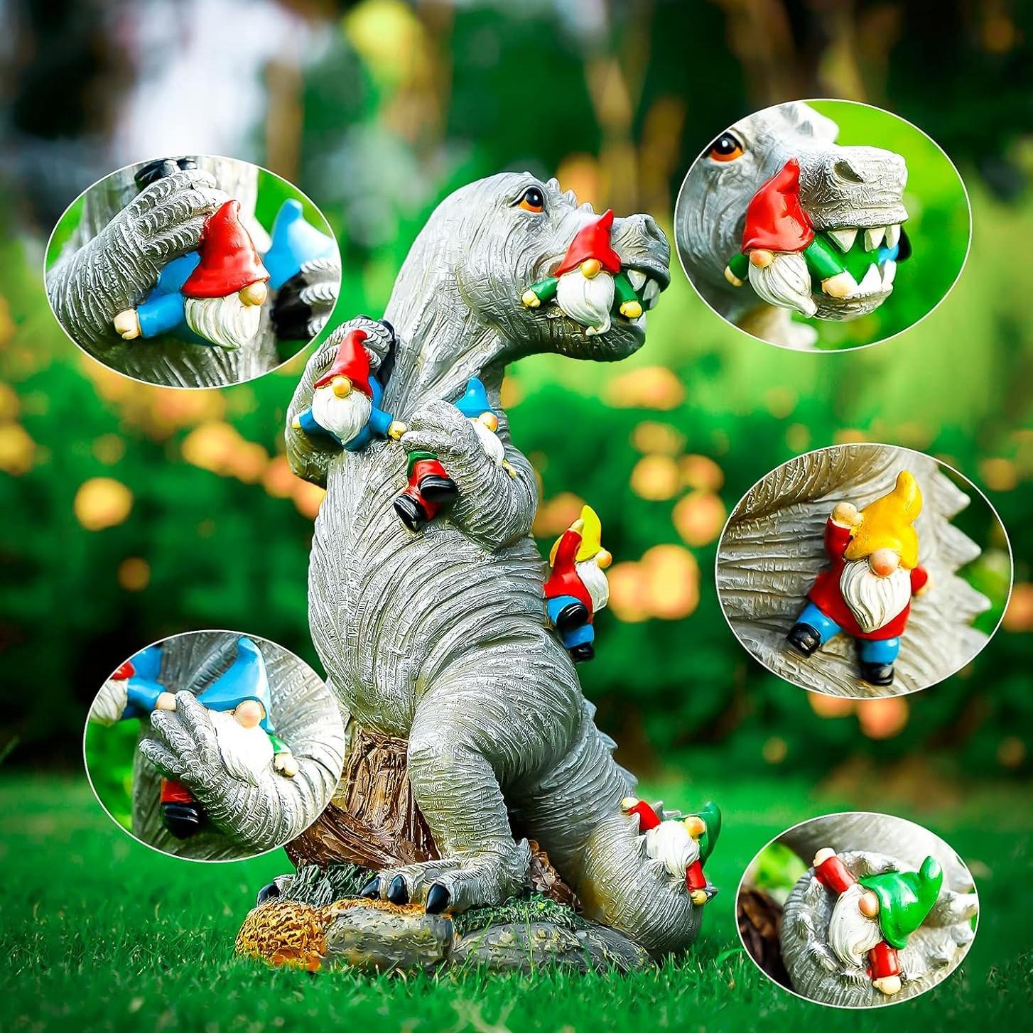 Dinosaur Eating Dwarf Garden Statue, Outdoor Yard Art Decor, Patio Lawn Courtyard Sculpture, Moving Gift for New Home