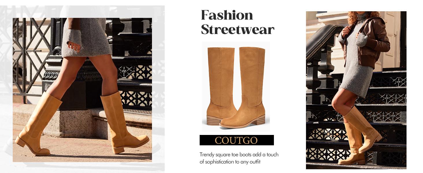 Coutgo Women's Knee High Boots Square Toe Chunky Block Heel Tall Boots Comfortable Low Heel Shoes Coutgo Women's Knee High Boots Square Toe Chunky Block Heel Tall Boots Comfortable Low Heel Shoes