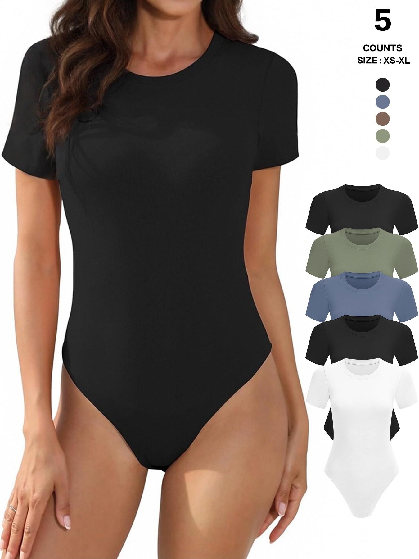Body Suits for Womens Short Sleeve Round Neck Casual Stretchy Basic T Shirt Bodysuit Tops Underwear