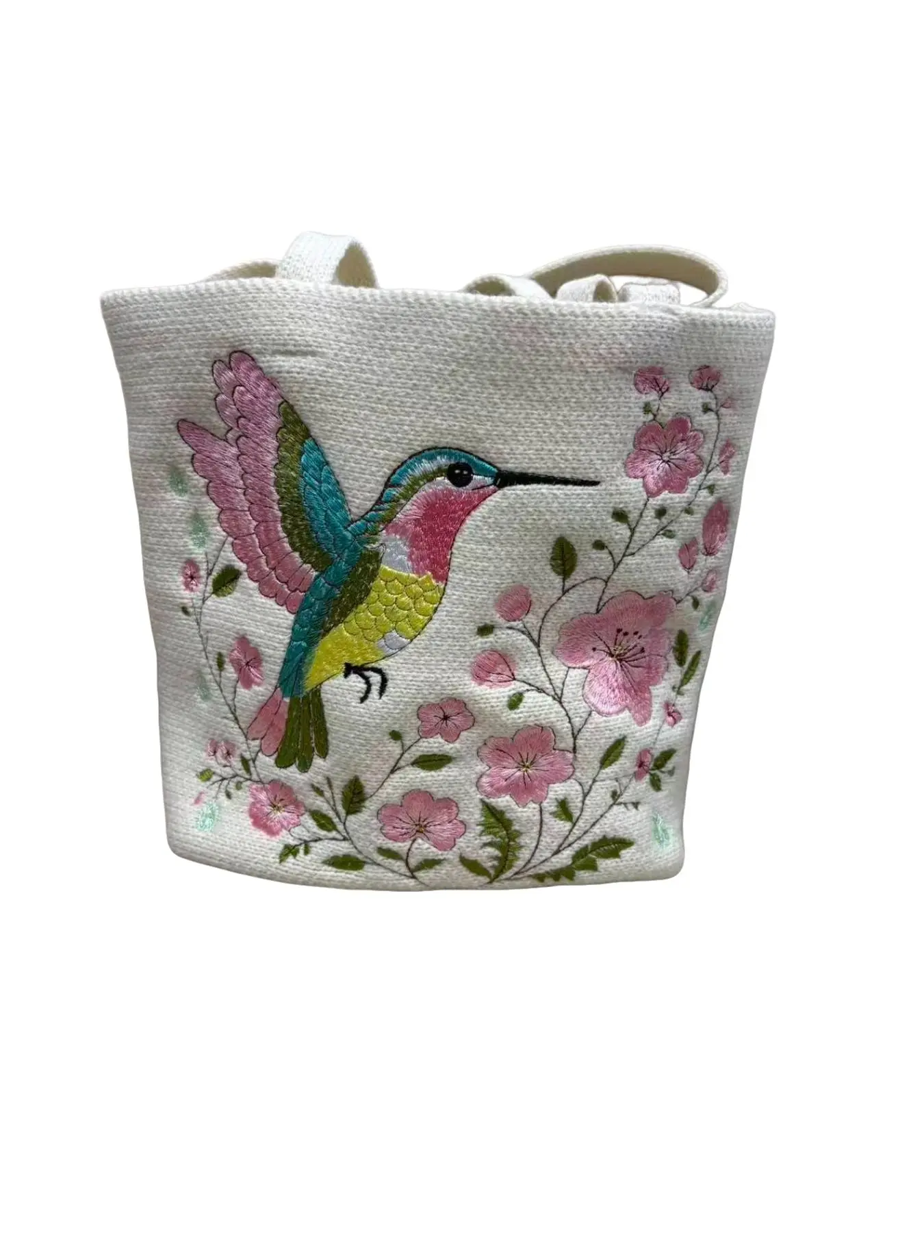 Vintage Hummingbird Floral Embroidered Canvas Tote Bag, Large Capacity Shoulder Handbag, Aesthetic Nature Flower Bird Purse for Travel Shopping Picnic