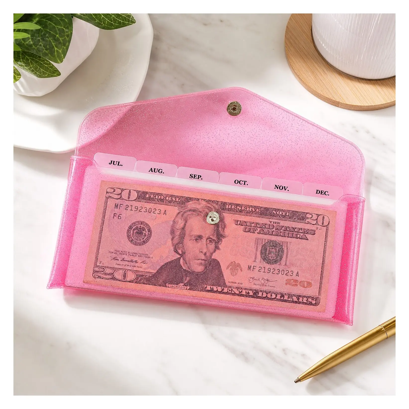 Multi-Purpose Pink PVC Cash Envelope Wallet Budgeting System with 6-Tab Dividers, Reusable Envelopes, Expense Tracking Stickers & Monthly Bills PlannerGift