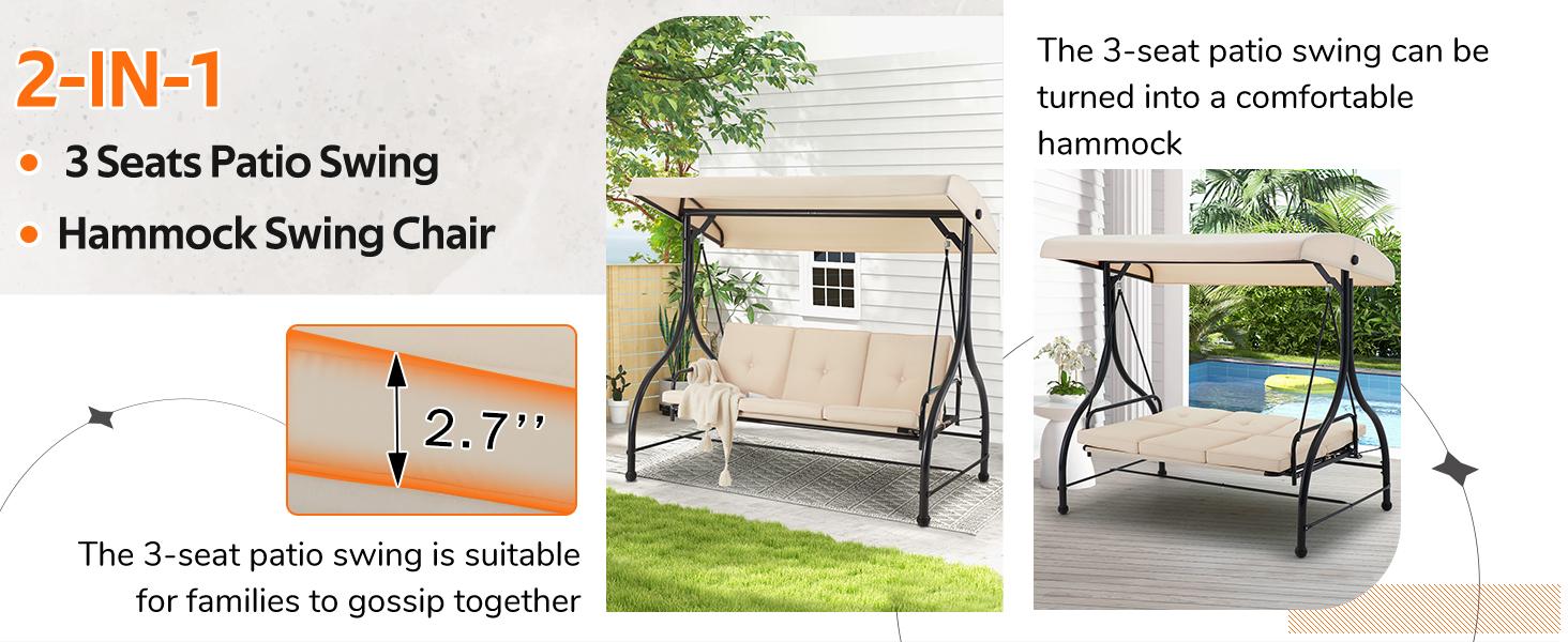 AECOJOY Outdoor Patio Swing Bed with Adjustable Backrest & Canopy 2-in-1 Convertible Patio Swing Set Standing Swing for Comfortable Outdoor Time