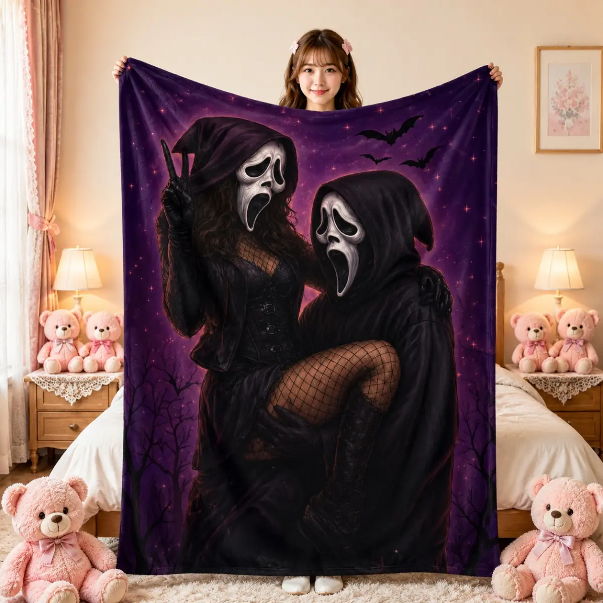 Gothic Ghostface & Bat Flannel Throw Blanket - Classic Flannel Fabric, Purple Halloween Horror Art Print, Soft Warm Lightweight Plush for Bedroom Sofa, Home/House Decor Room Decor, Ideal Gift for Horror Fans, Indoor Use, Lightweight Softness