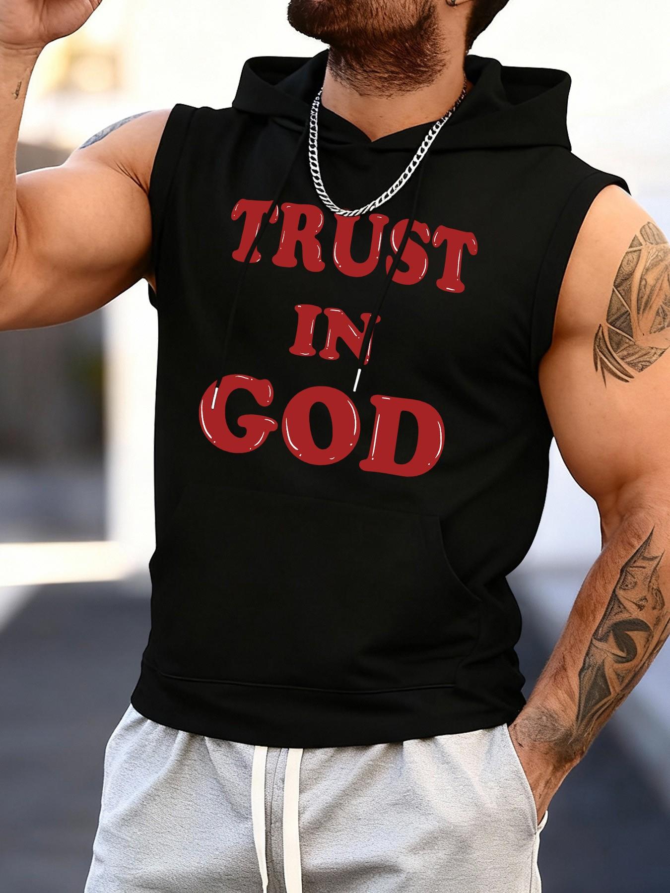 Trust in God Faith Slogan Print Sleeveless Hooded Vest for Men, Summer Fashion Religious Style, Sporty Geometric Pattern