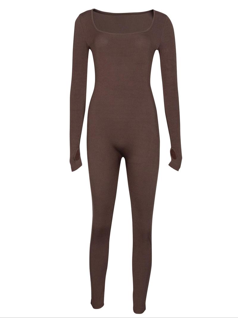 Women's Ribbed Thumb Hole Design Lounge Jumpsuit, Slim-Fitting Home Wear for All Seasons, Women's Loungewear Footed Jumpsuit