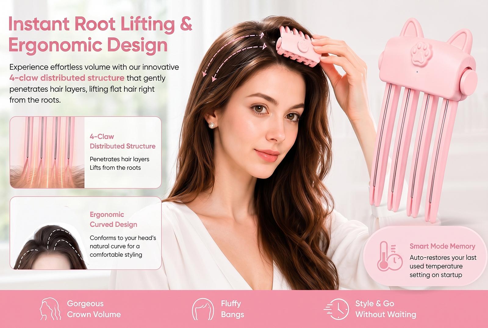 Heated Root Volumizer Clip, Electric Fluffy Hair Crown Lifting Styler Booster, Cordless Root Lifter Fine Flat Hair