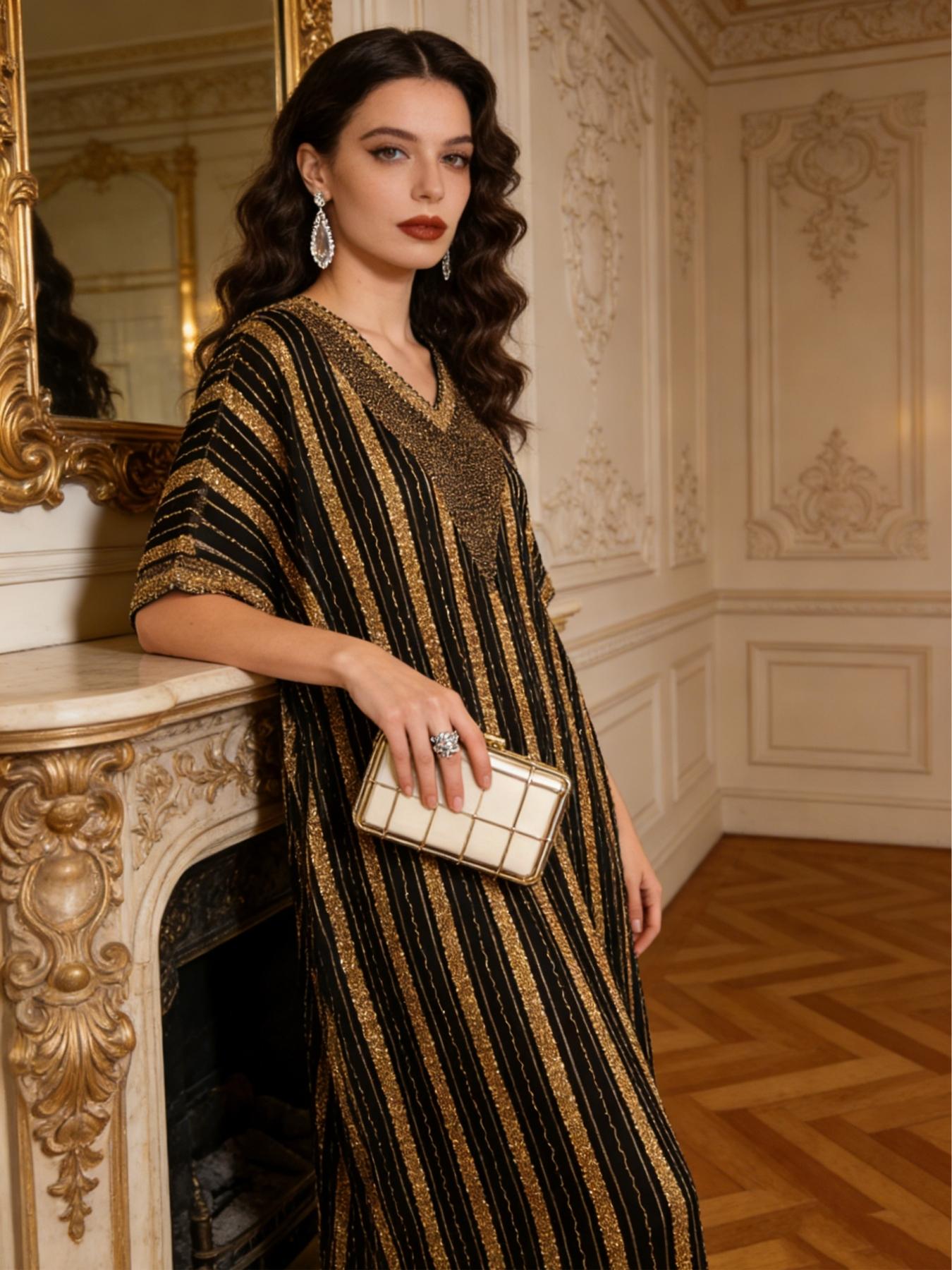 New Muslim Women's Kaftan, Elegant Sequin Mesh Abaya, Batwing Sleeve Cape, V Neck, Spring Summer Fall Evening Dress, Arabic Jellabiya, Moroccan Kaftan