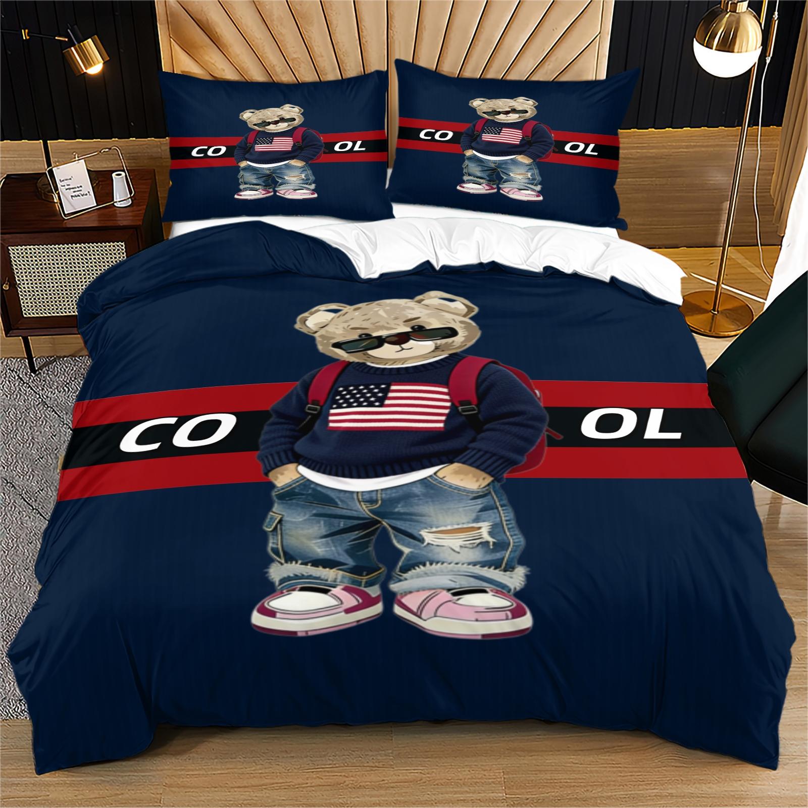 Trendy Bear Print Quilt Cover Set, includes 1 quilt cover and 1 or 2 pillowcases, does not include quilt or pillow inserts, suitable for bedroom or dormitory bedding sets, ideal for gifting or personal use