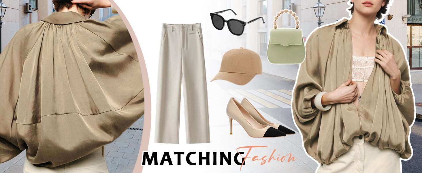 Songling Womens Puffed Bomber Jacket Casual Batwing Sleeve Lapel Collar Zip Shirts Oversized Pleated Streetwear JacketsTikTokShopBlackFriday Chic Coats Everyday Lightweight   Womenswear SpringStatements