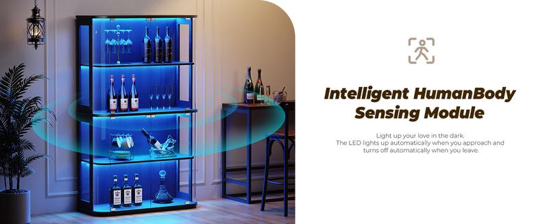 BROTTAR Large Display Cabinet with Glass Door, 4-Tier Curio Cabinet with 3 Color Lights for Collectibles, Glass Display Case with Transparent Full-Display Surface, Human Body Sensor, Black/White BROTTAR Large Display Cabinet with Glass Door, 4-Tier Curio Cabinet with 3 Color Lights for Collectibles, Glass Display Case with Transparent Full-Display Surface, Human Body Sensor, Black/White