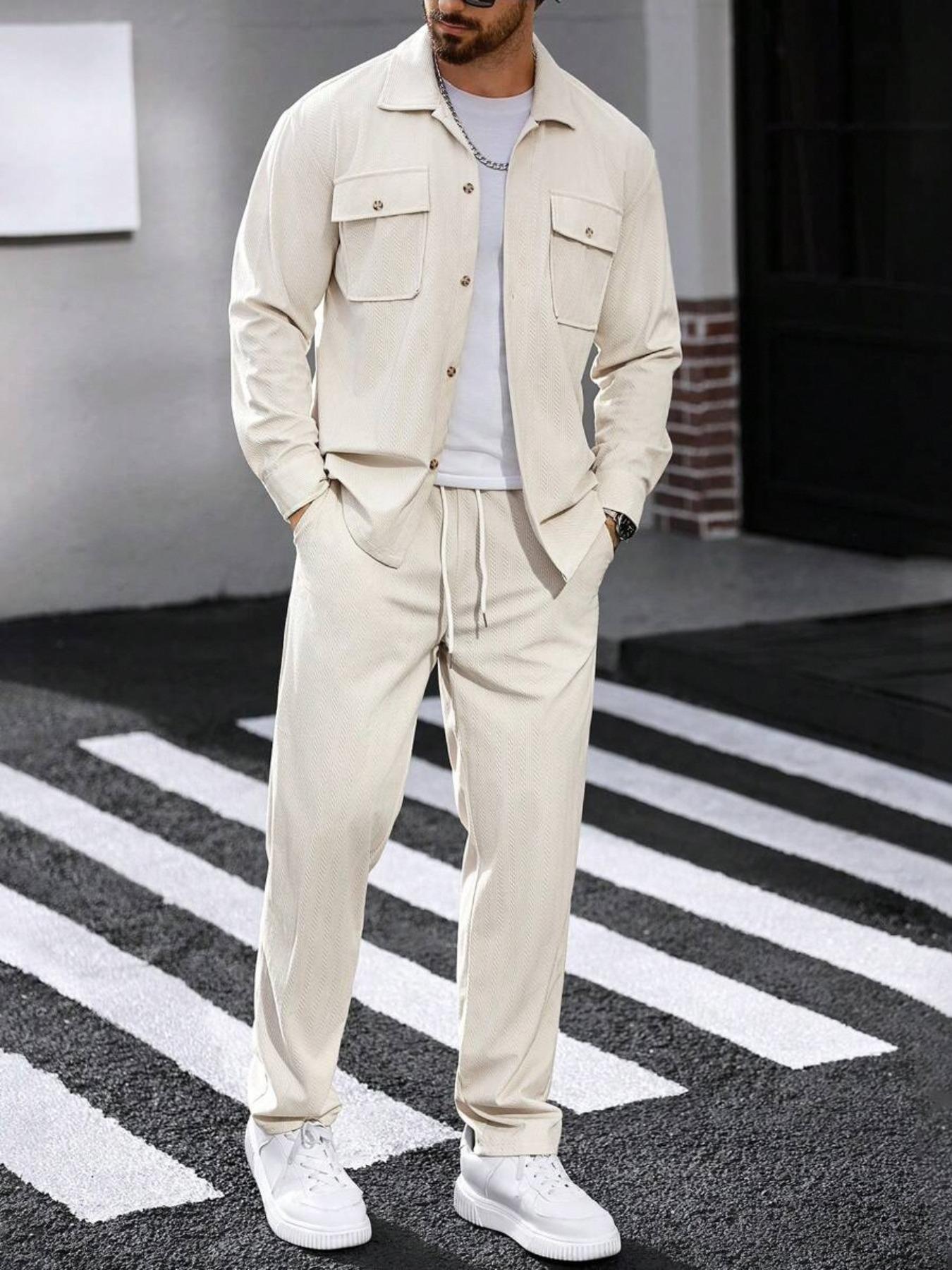 Men's two-piece solid color polo neck button with pockets coat and elastic drawstring waistband sport pants, regular version casual comfortable long sleeve top and, suitable for spring and autumn wear, men's daily clothing.