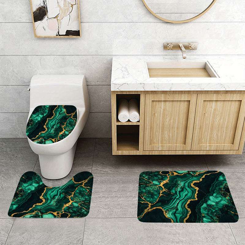 3PCS Luxury Agate Golden Line Bath Rug Set, Flannel Non-Slip Absorbent Mat, Includes U-Shaped Rug and Toilet Lid Cover