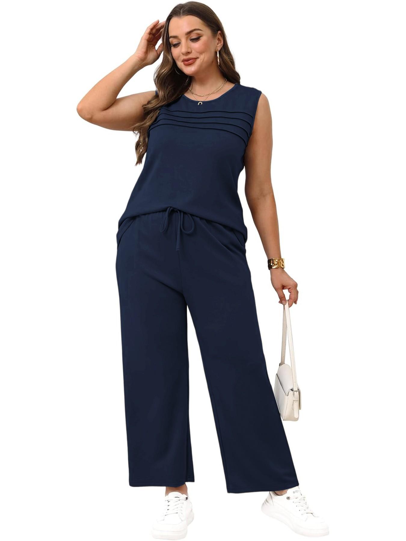 Women's 2 Piece Summer Outfit, Fitted Sleeveless Crewneck Tank Top with Shadow Stripes and High Waist Drawstring Wide Leg Pants with Pockets, Casual Lounge Set