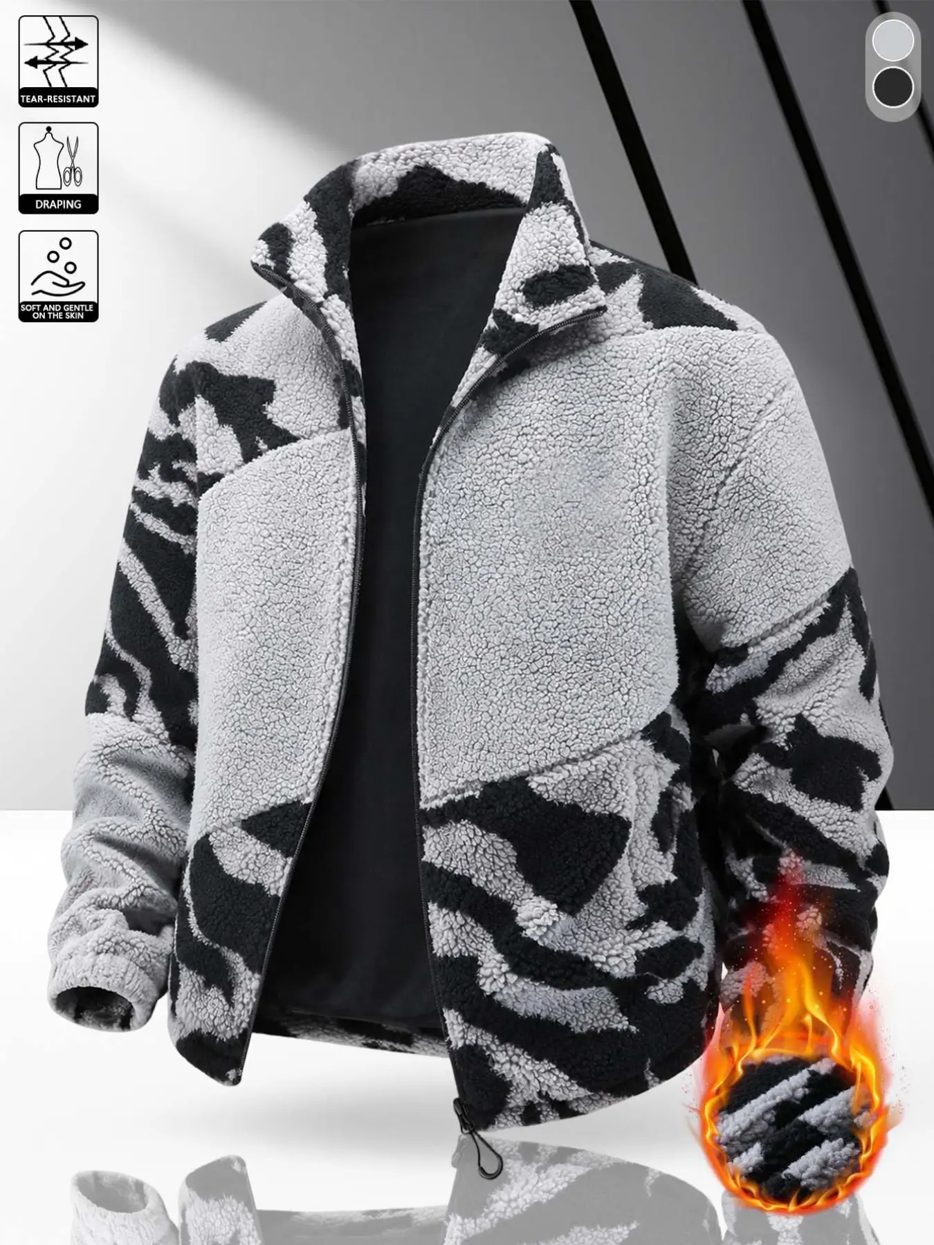 Men's Zebra Pattern Polar Fleece Full Zip Jacket, Hooded Warm Casual Top, Long Sleeve Winter Outerwear, Loose-Fit Flying Jacket, Casual Comfy Jacket