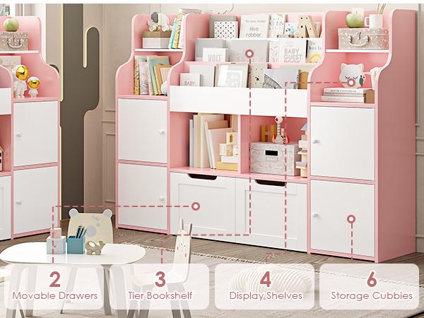 FOTOSOK Toy Storage Organizer with  8 Storage Cubbies and 2 Movable Drawers, Toy Organizer with Hidden Wheels and 3-Tier Kids Bookshelf, Multifunctional Floor Storage Chest for Playroom