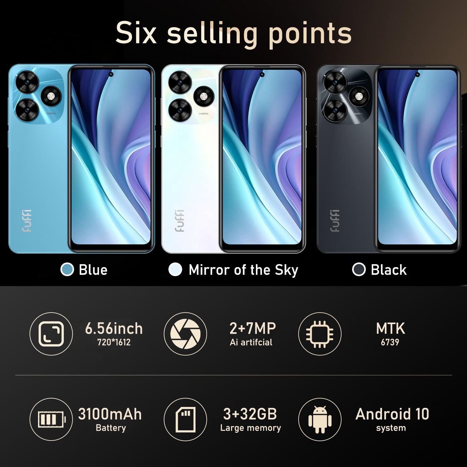 Fuffi M16 Pro Smartphone, 6.56-Inch HD Screen, 3gb RAM 32GB ROM, Quad-Core Processor, 3100mah Battery, 4G network, Dual Sim, Metal Frame, Android 10