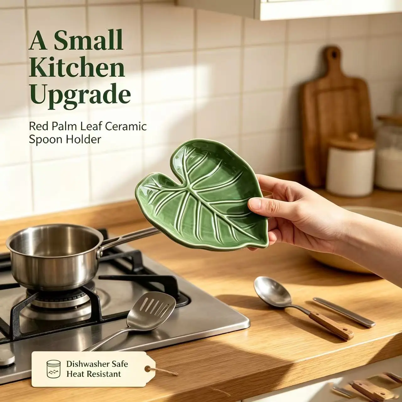 Ceramic Spoon Holder Rack, Cute Leaf Design, Mushroom Tray, Multi-Functional Cutlery Organizer for Cooking and Spatulas, Ceramic Spoon Rest, Kitchenware