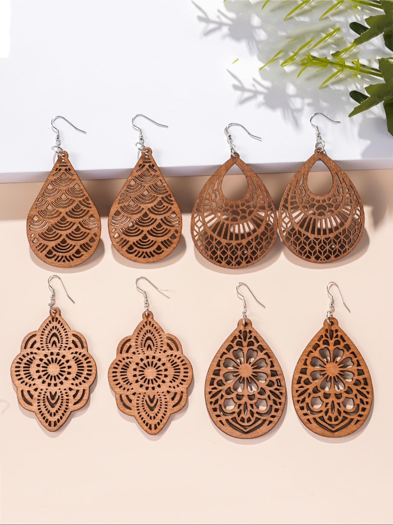 4 Pair Boho Hollow out Design Wooden Dangle Earrings, Vintage Style Water Drop Ear Jewelry for Women, Casual Jewelry for Party, Daily Clothing Decor