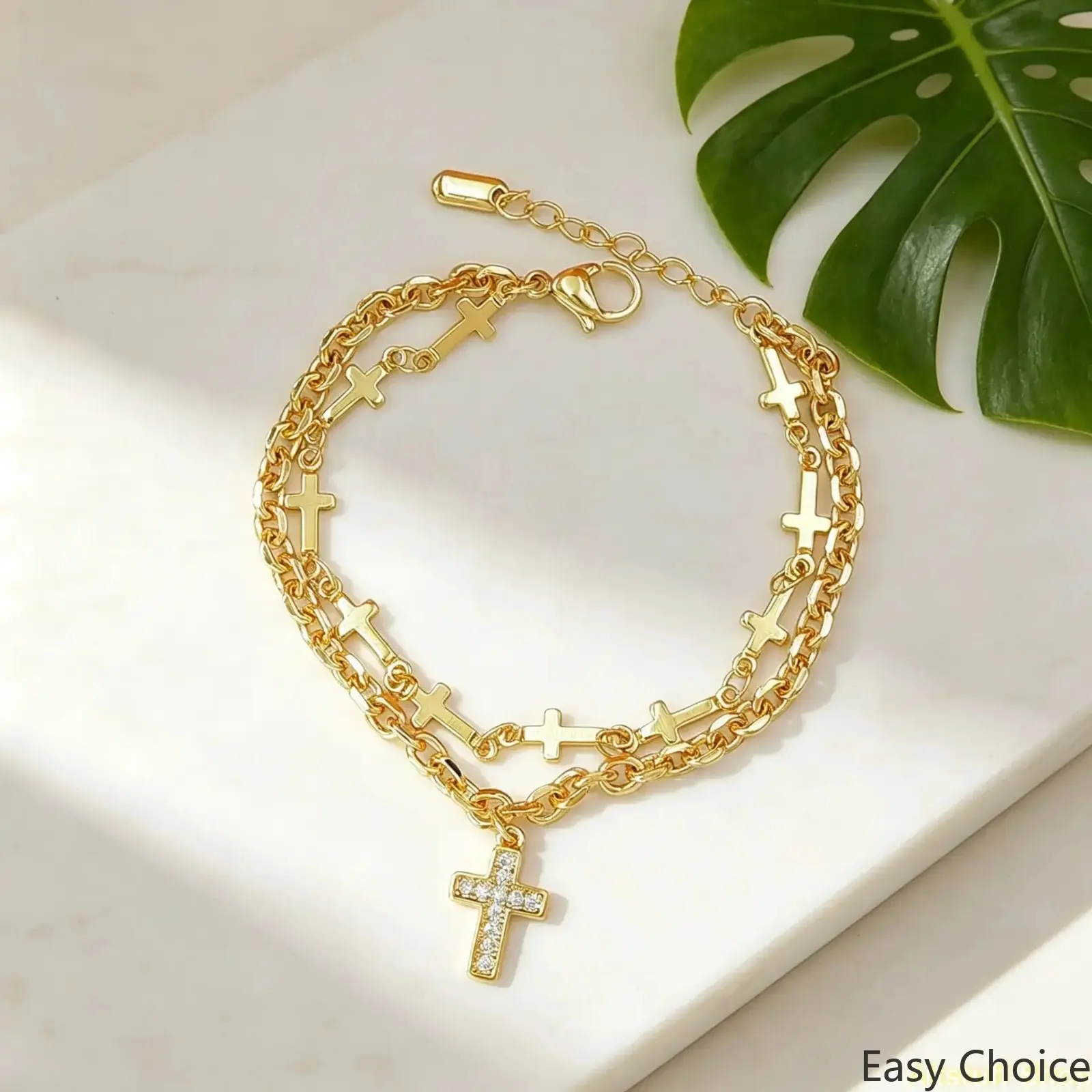 Double‑Layer Cross Bracelet for Women, Minimalist Gold‑Tone Dainty Chain with Mini Cross Pendants, Adjustable Size for Jewelry Stacking, Elegant Casual Wrist Accessory for Daily Wear & Bracelet Stack