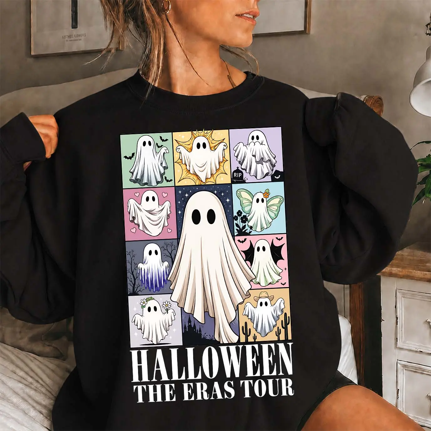 Women’s Halloween Ghost Collage Graphic Sweatshirt, Cute Retro Spooky Character Crewneck Pullover, Cozy Long Sleeve Fall Top, Colorful Autumn Shirt for Halloween Parties, Trick or Treat Nights, Weekend Wear & Seasonal Gifts