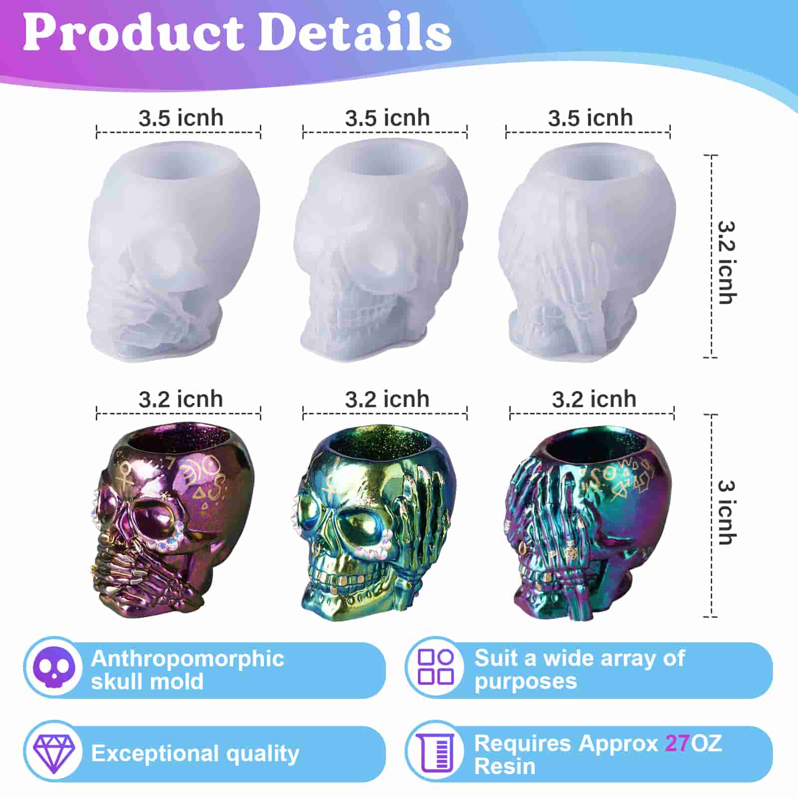 3 Count Skull Silicone Molds, Halloween Home Decoration and Gifts, Hear-no, Speak-no, See-no, for Resin Crafts, Resin Casting, DIY Craft, Home Decor - LET'S RESIN