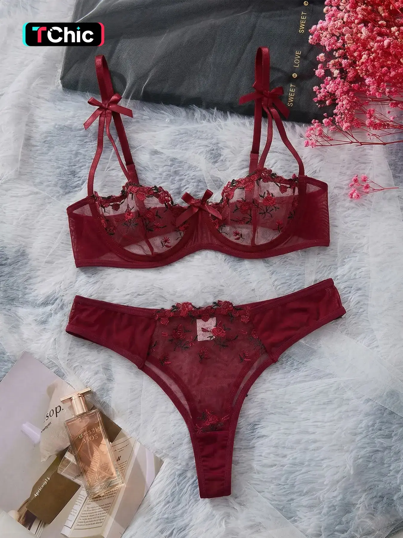Women's 2-Piece Bra Set, Underwear Sets, Embroidered Design, Mesh, Push-Up Effect, Adjustable Straps, Ideal for Dates, Parties, All Seasons, Floral, Lingerie