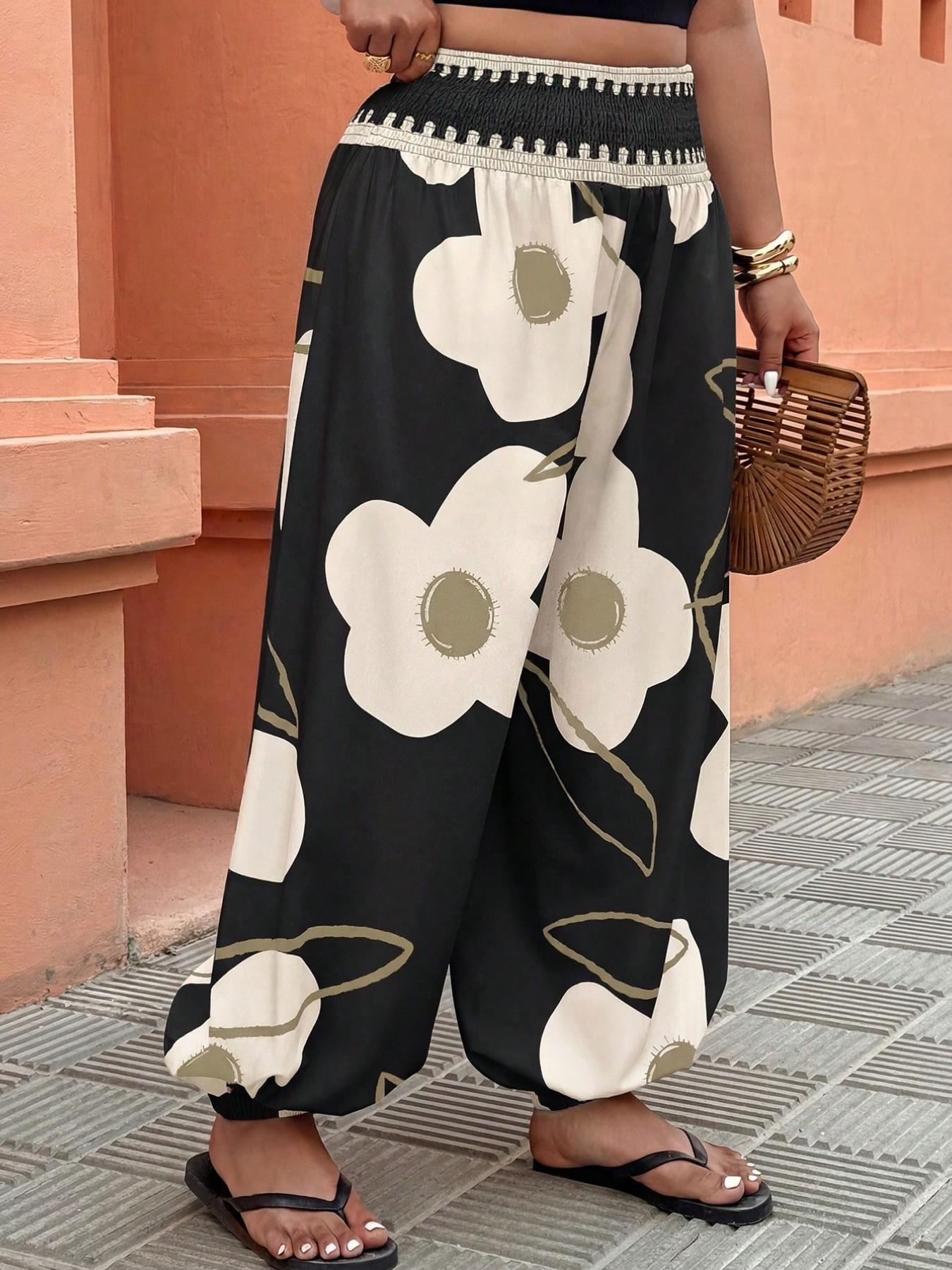 Women's High-Waisted Lantern Pants, Fashion Elastic Cuffed Long Pants for Holiday, Floral Print, Comfortable and Stylish Summer Wear, Casual Trousers, Ladies Bottoms, Womenswear