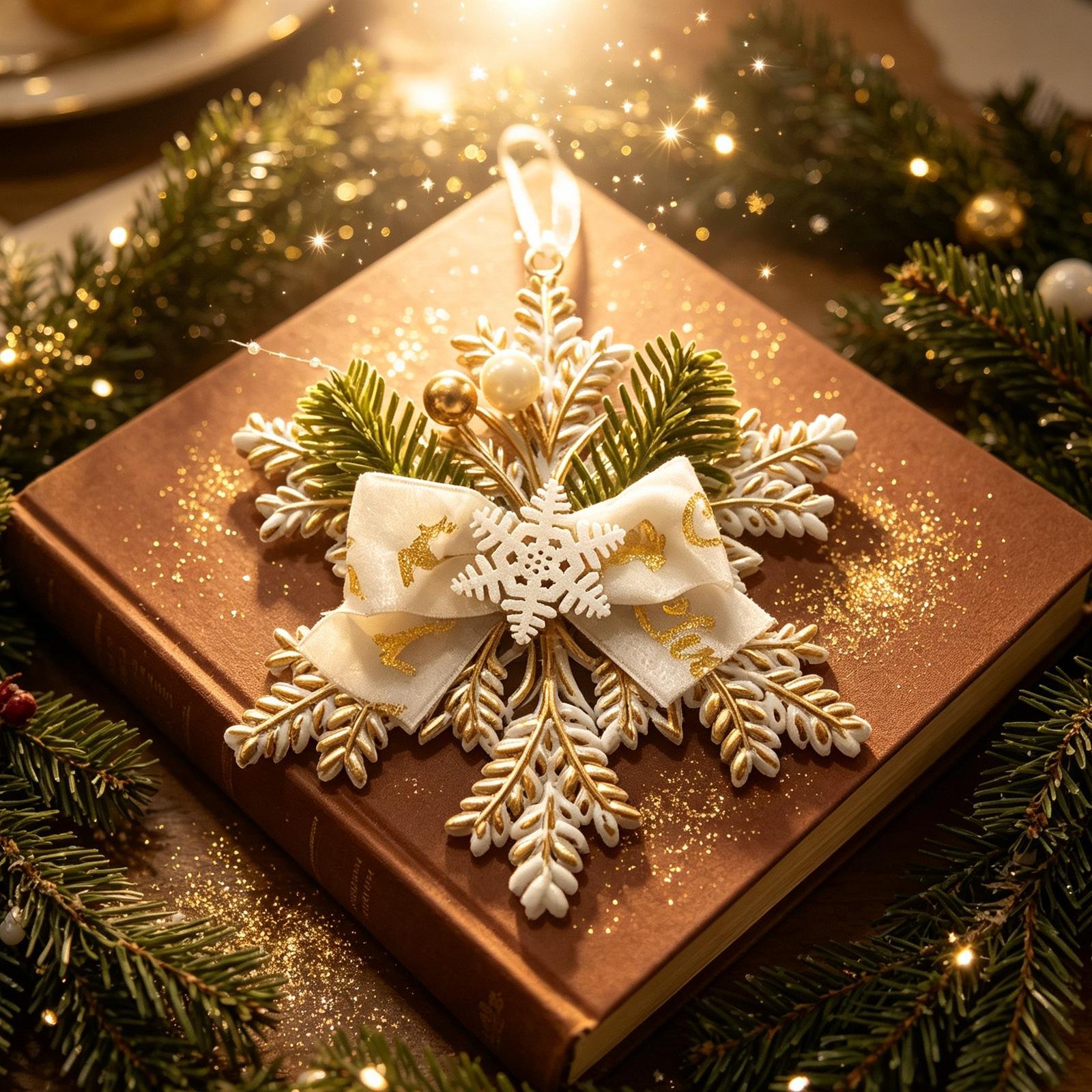 1Pc Christmas Ornaments, White & Gold Vintage Plastic Hanging Decorations, Snowflake Reindeer Key Christmas Tree Pendants, Suitable for Christmas Tree Decor, Holiday Decor, Window & Home Festival Atmosphere Decor