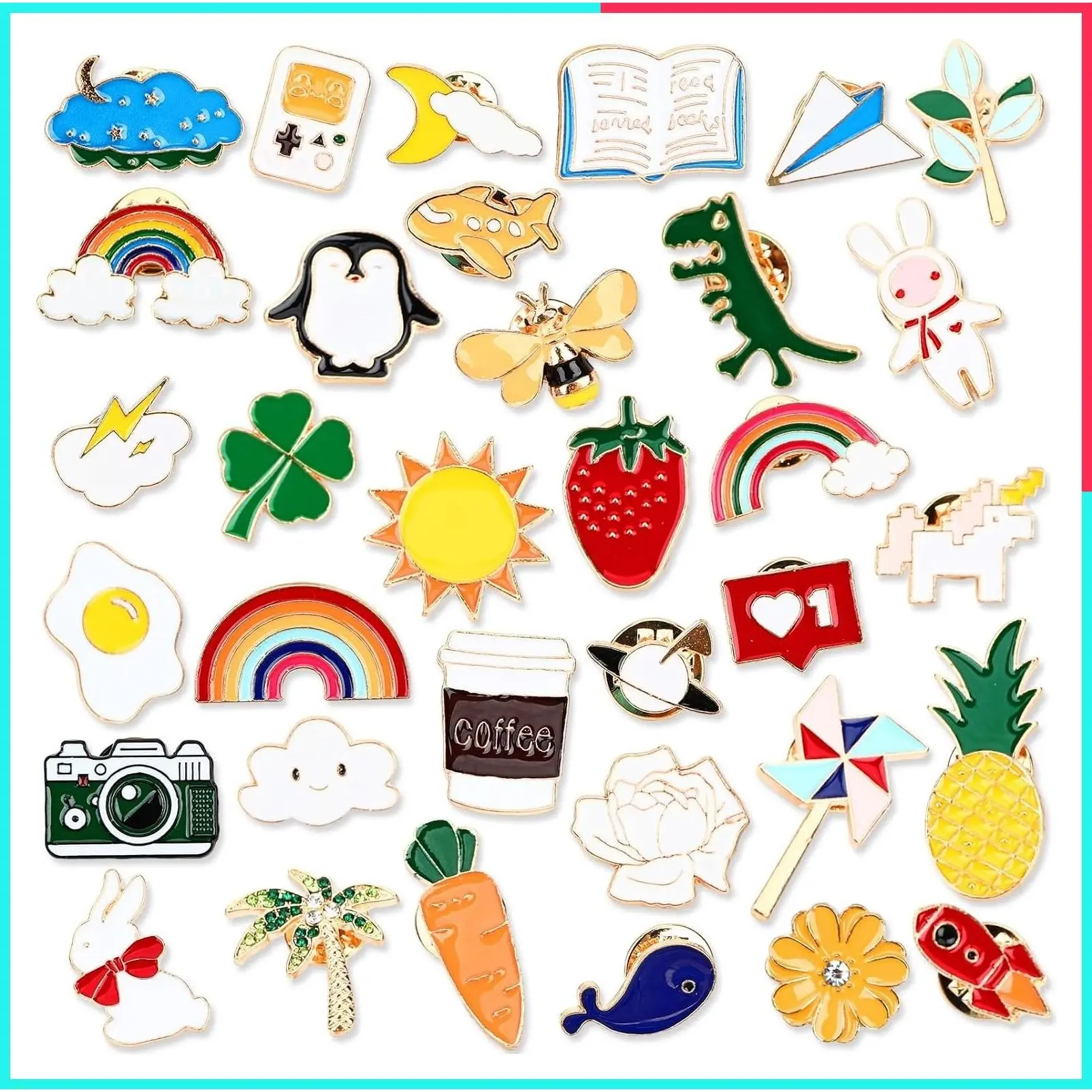 36Pcs Cute Funny Cartoon Animal Plant Enamel Lapel Pins Bulk for Backpacks Bags Hats Jackets Decor, Gift Bag Refills, Classroom Rewards