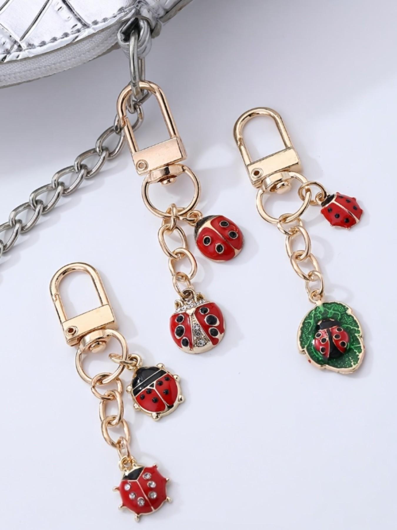 3pcs Ladybug Keychains, Enamel Bug Pendant with Crystal Gems & Leaf Design, Perfect Accessory for Bags & Wallets, Ideal Mother's Day Gift