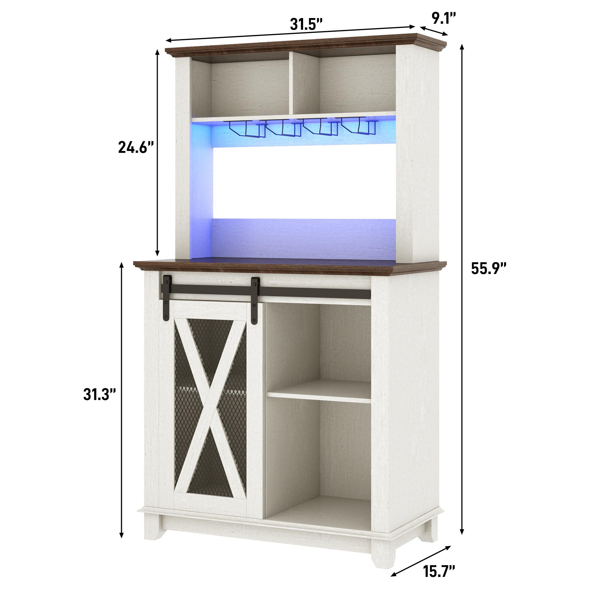 63"W/47"W/31.5"W Farmhouse Coffee Bar Cabinet with LED Light,Wine Bar Cabinet w/ Tier Storage Hutch,Kitchen Buffet Cabinet w/Sliding Barn Door & Wine and Glass Racks for Kitchen Dining Room(Brown/Antique White/Dark Rustic Oak)