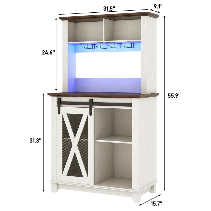 63"W/47"W/31.5"W Farmhouse Coffee Bar Cabinet with LED Light,Wine Bar Cabinet w/ Tier Storage Hutch,Kitchen Buffet Cabinet w/Sliding Barn Door & Wine and Glass Racks for Kitchen Dining Room(Brown/Antique White/Dark Rustic Oak)