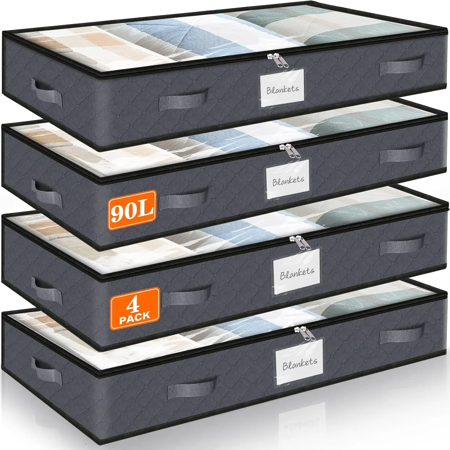 90L Under Bed Storage Containers, 4-Pack Storage Bins with Clear Top, Foldable Closet Organizers and Storage with Label Holder for Clothing, Blankets, Comforter & Pillows (Grey)